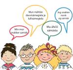 fire barn med ulik språk i snakkeboble